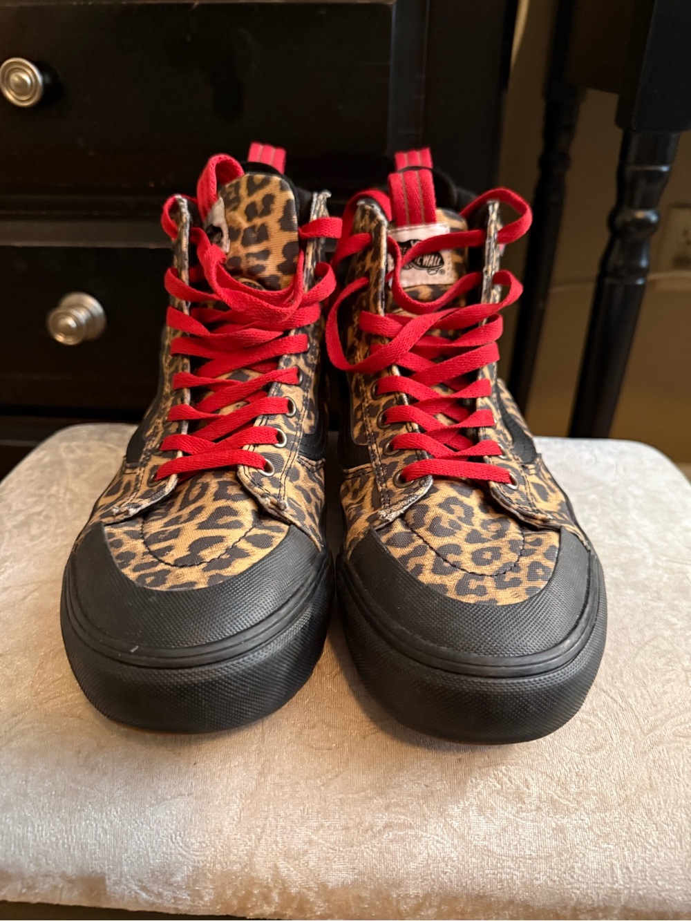 Leopard Print Custom Sk8-Hi Shoe with Red Laces
